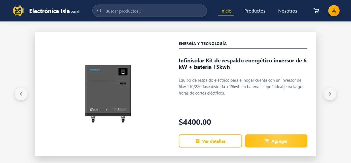 Portada de Electrónica Isla con un kit de respaldo energético destacado, su descripción y el precio en dólares.