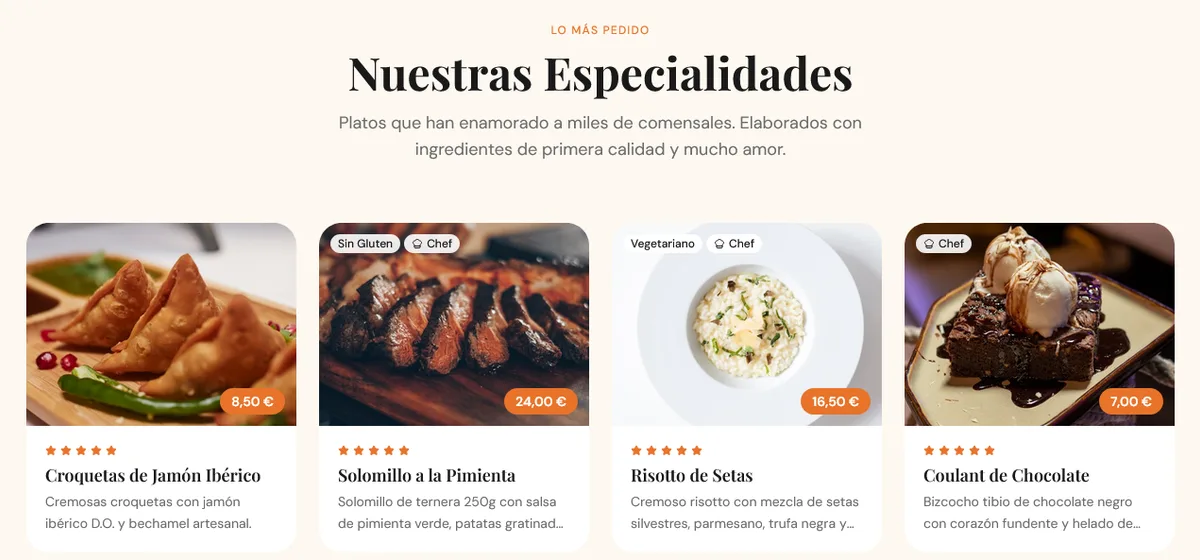 Sección de especialidades: cuatro fichas de plato con foto, valoración de cinco estrellas, precio y etiquetas de sin gluten, vegetariano y sugerencia del chef.