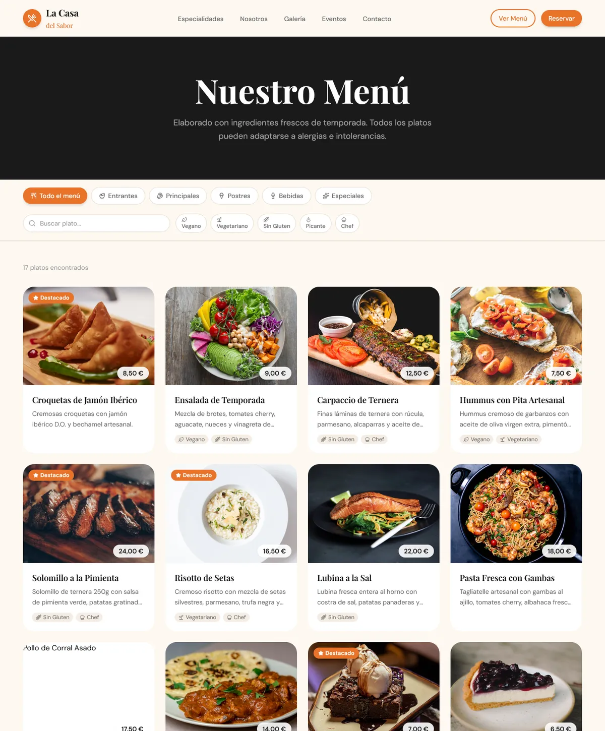Página de menú de La Casa del Sabor: pestañas por categoría, buscador de platos, filtros de vegano, vegetariano, sin gluten, picante y chef, y la rejilla de platos con foto, precio y etiquetas.