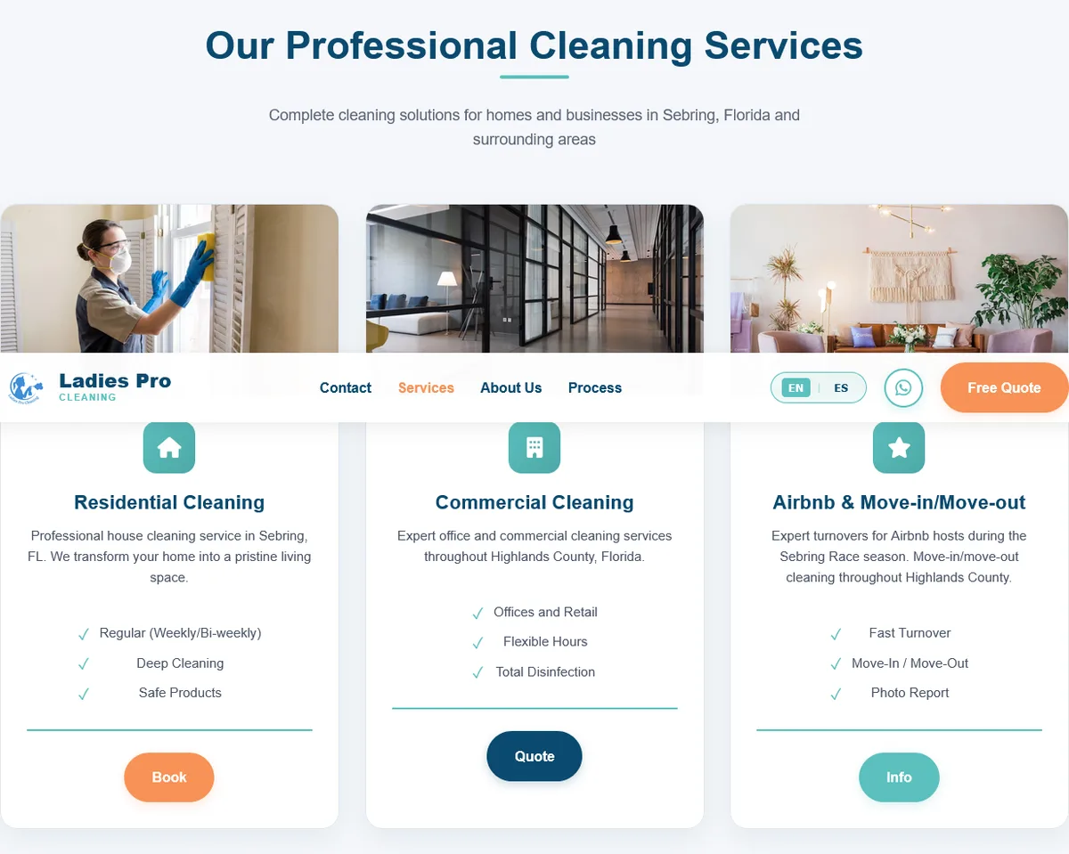 Sección de servicios de Ladies Pro Cleaning: tres tarjetas —limpieza residencial, comercial y Airbnb con mudanzas— cada una con lo que incluye y su propio botón.
